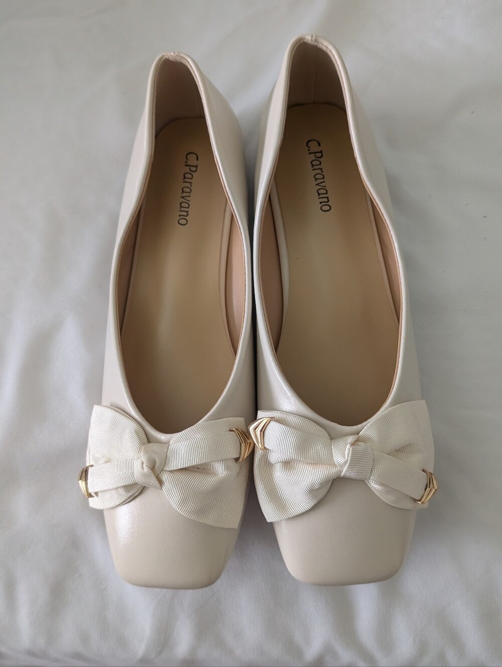 Cream Bow Square-Toe Ballet Flats